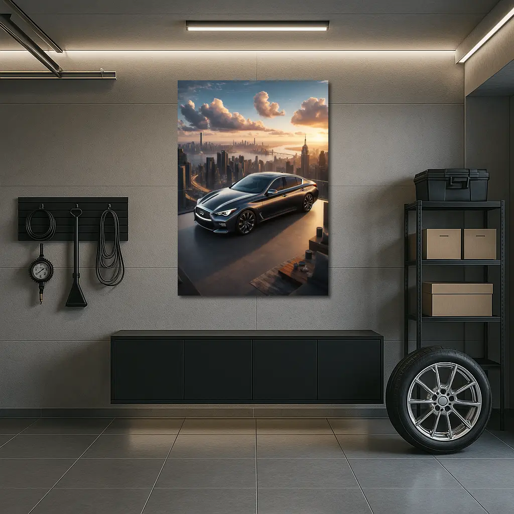 Infiniti Q50 Parked Above City Skyline – Wall Art