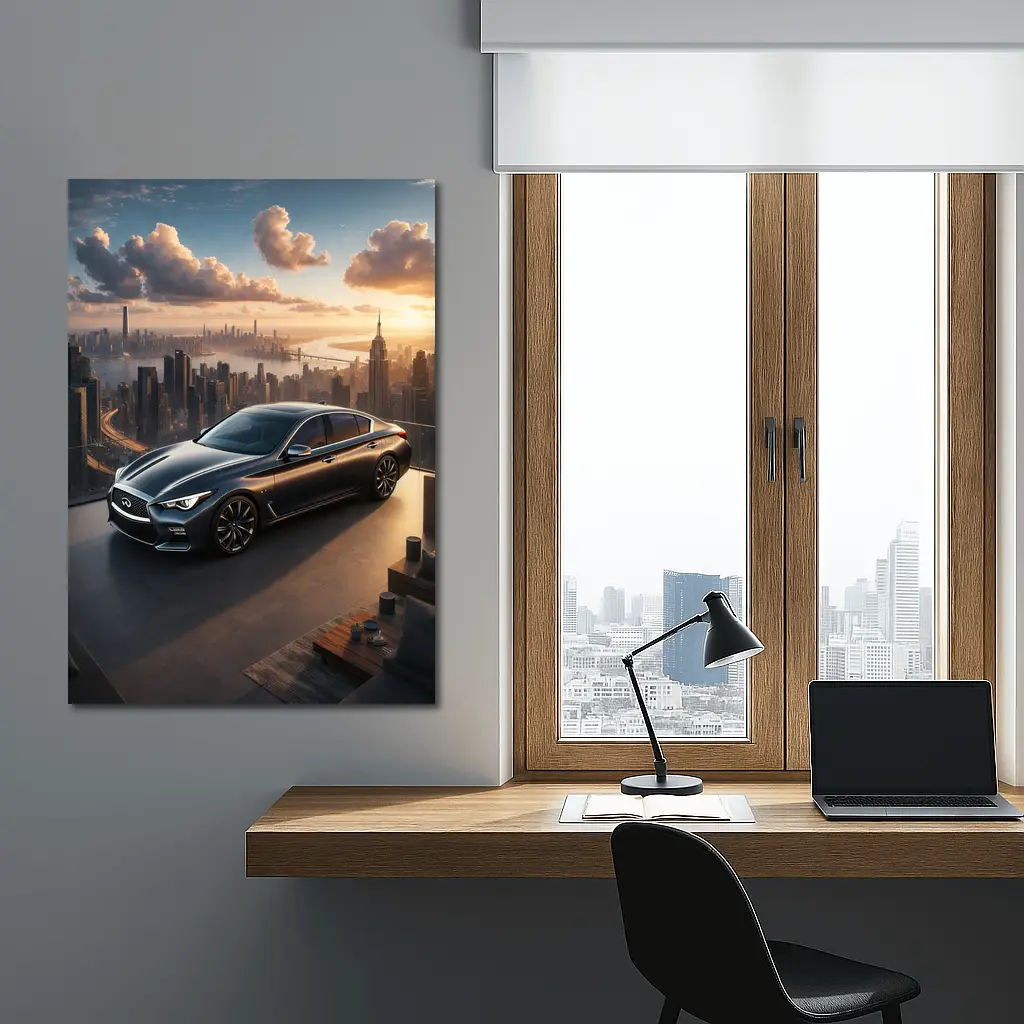 Infiniti Q50 Parked Above City Skyline – Wall Art