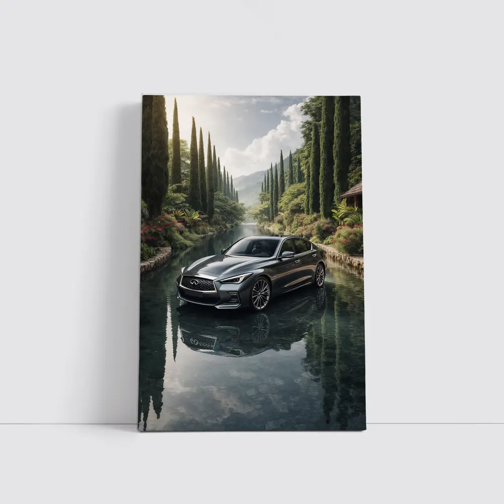 Infiniti Q50 Sedan Reflecting Tranquil River Setting – Wall Art