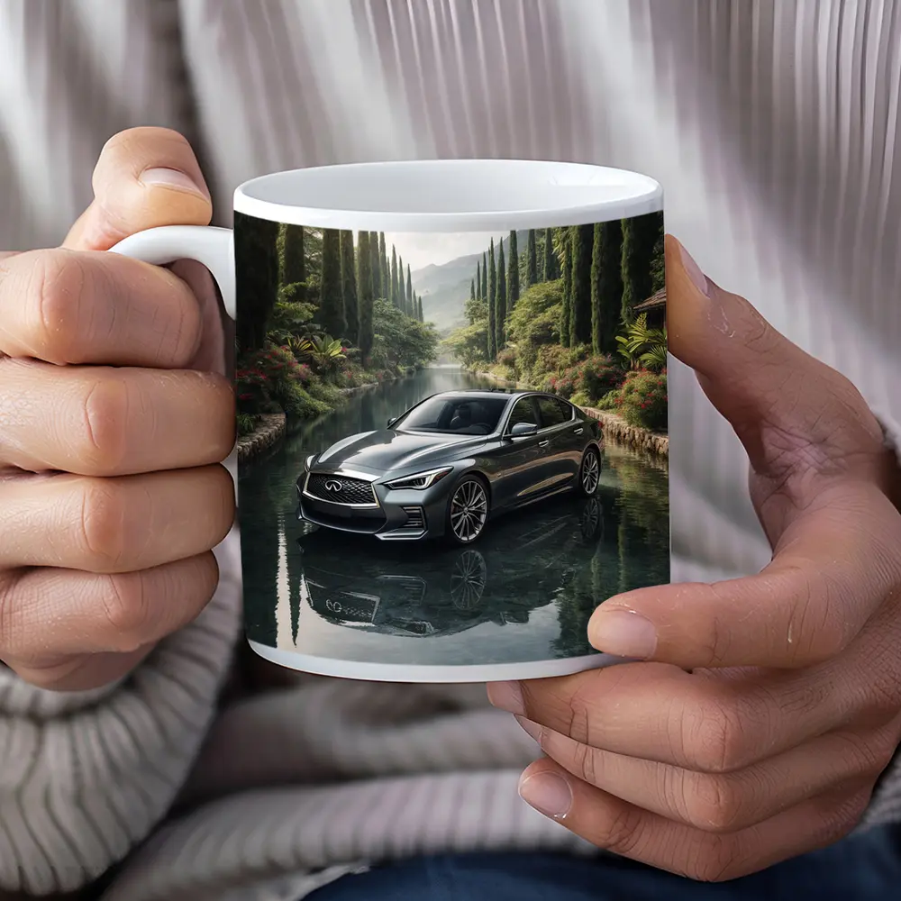 Infiniti Q50 Sedan Reflecting Tranquil River Setting – Mugs