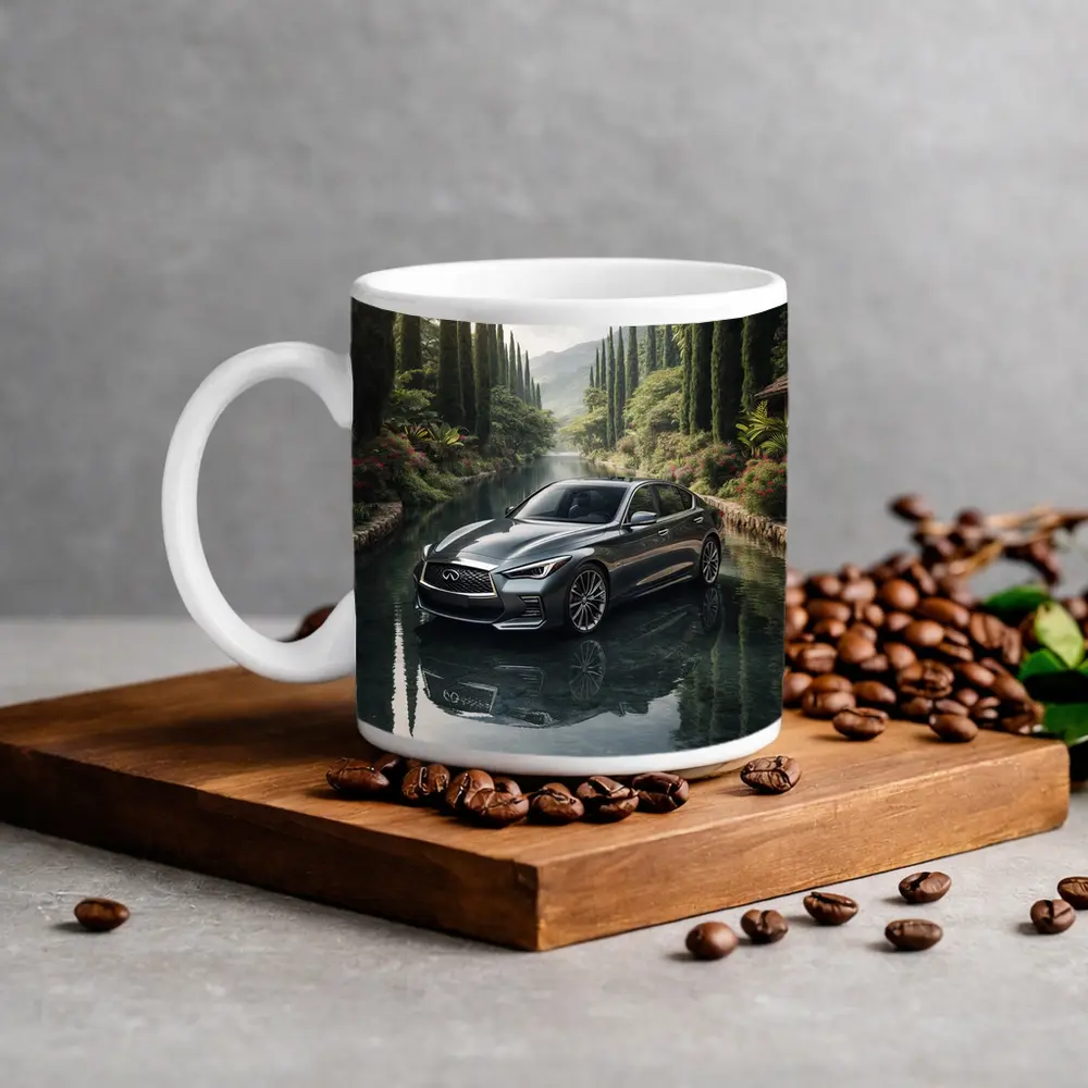 Infiniti Q50 Sedan Reflecting Tranquil River Setting – Mugs