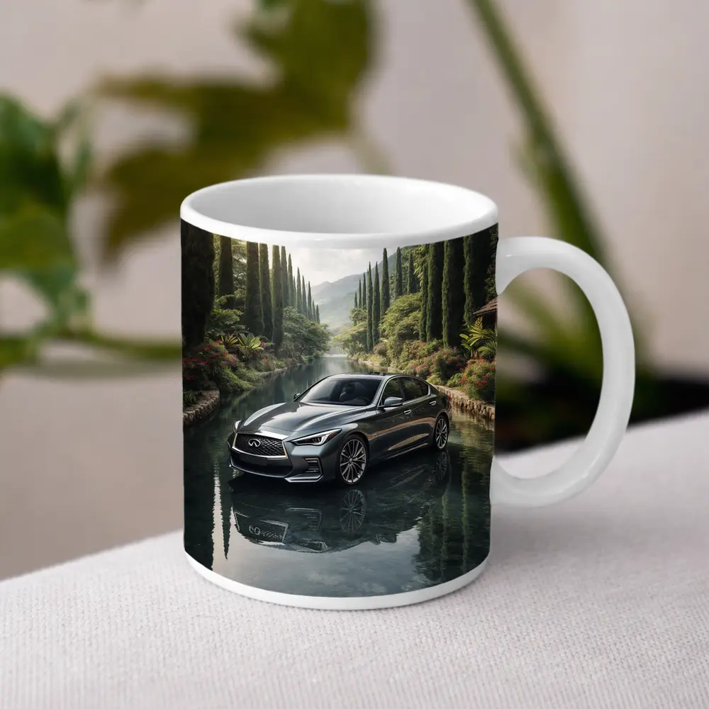 Infiniti Q50 Sedan Reflecting Tranquil River Setting – Mugs