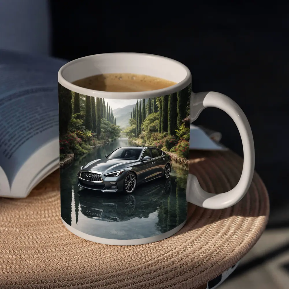 Infiniti Q50 Sedan Reflecting Tranquil River Setting – Mugs