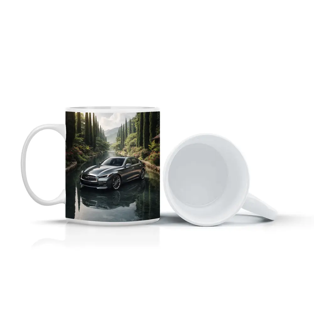 Infiniti Q50 Sedan Reflecting Tranquil River Setting – Mugs