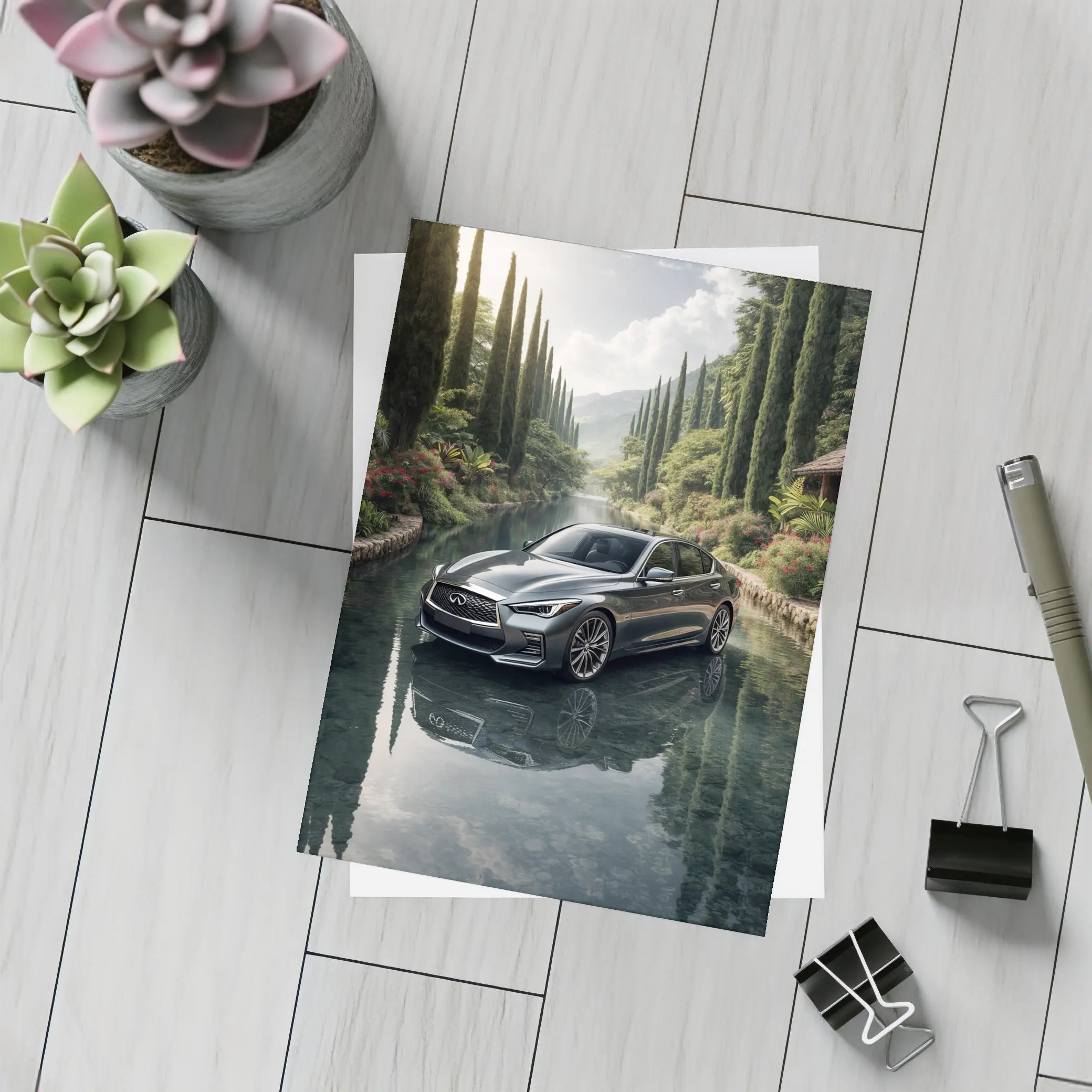 Infiniti Q50 Sedan Reflecting Tranquil River Setting – Postcards