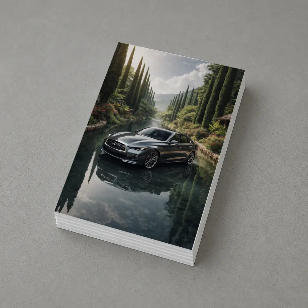 Infiniti Q50 Sedan Reflecting Tranquil River Setting – Postcards