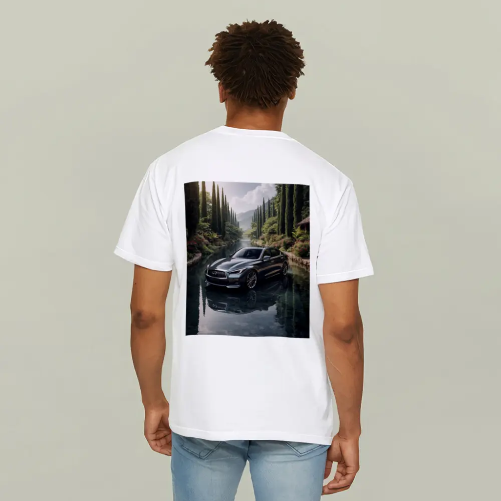 Infiniti Q50 Sedan Reflecting Tranquil River Setting – T-Shirts