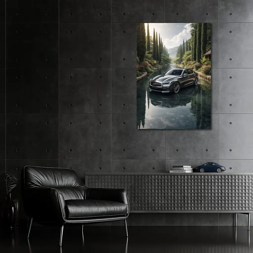 Infiniti Q50 Sedan Reflecting Tranquil River Setting – Wall Art