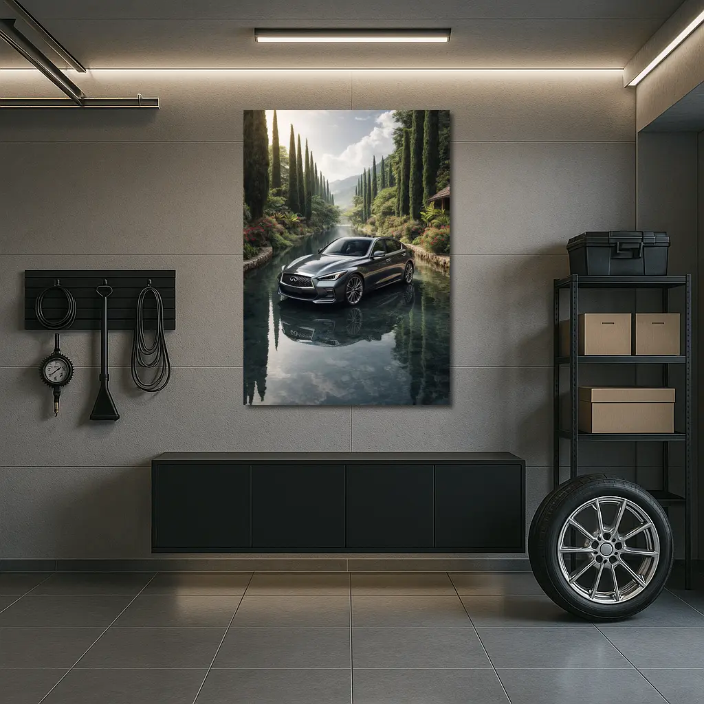 Infiniti Q50 Sedan Reflecting Tranquil River Setting – Wall Art