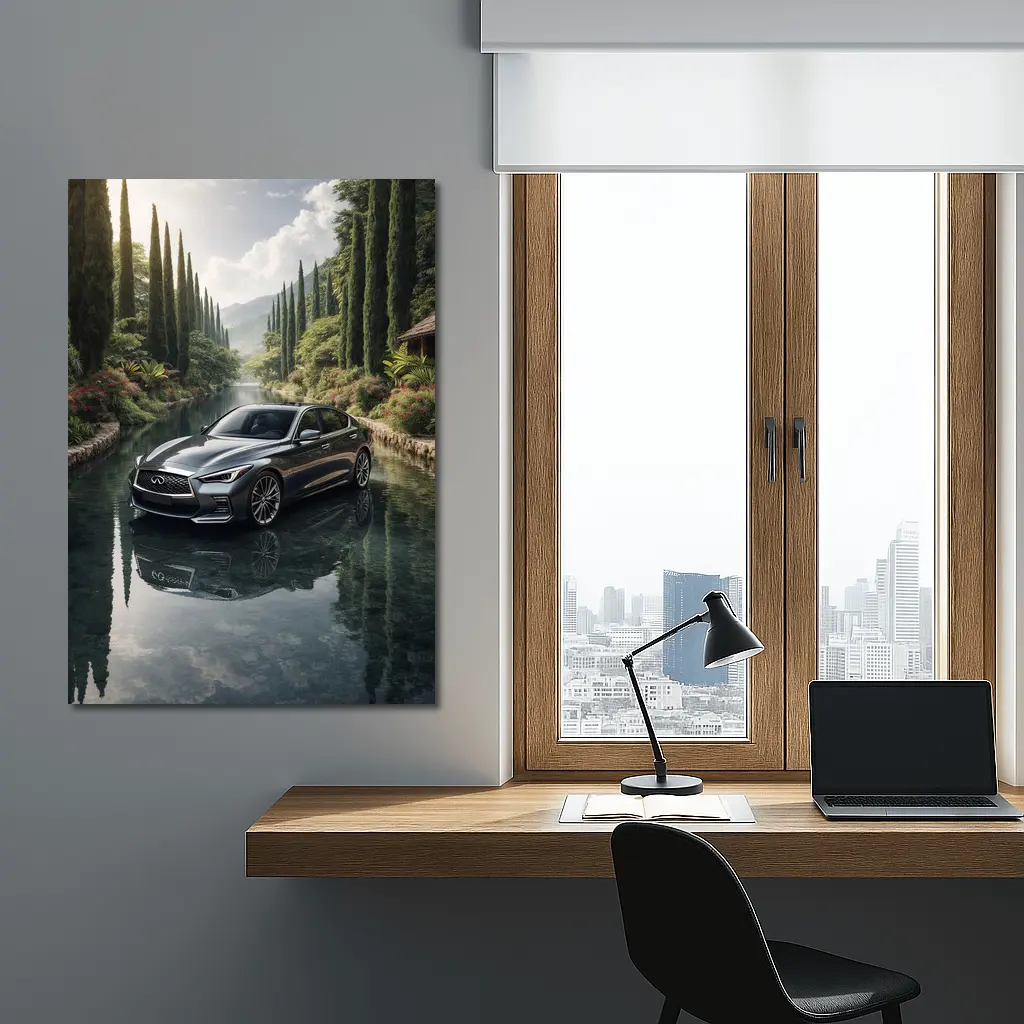 Infiniti Q50 Sedan Reflecting Tranquil River Setting – Wall Art