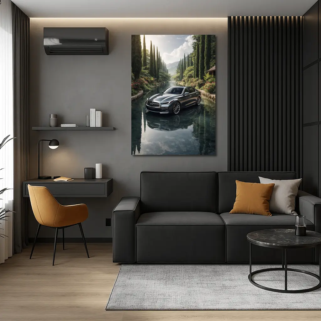 Infiniti Q50 Sedan Reflecting Tranquil River Setting – Wall Art