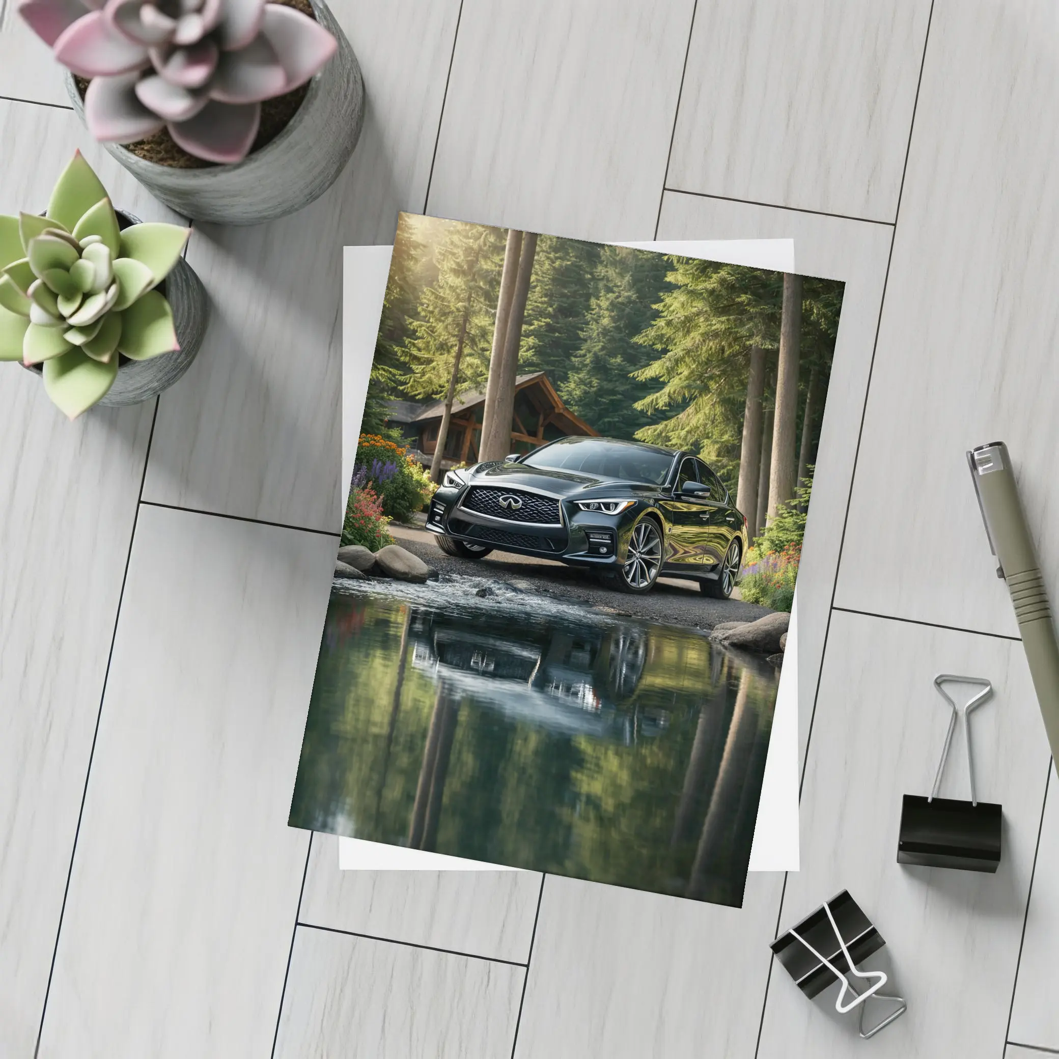 Infiniti Q50 Black Sedan Forest River – Postcards