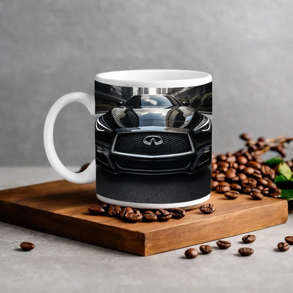 Infiniti Q60 Black Front City Street – Mugs