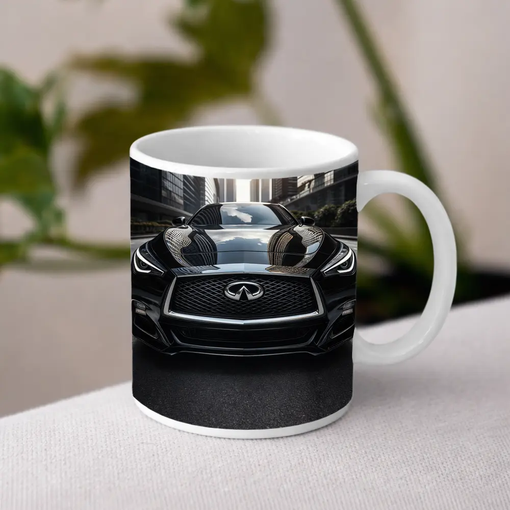 Infiniti Q60 Black Front City Street – Mugs