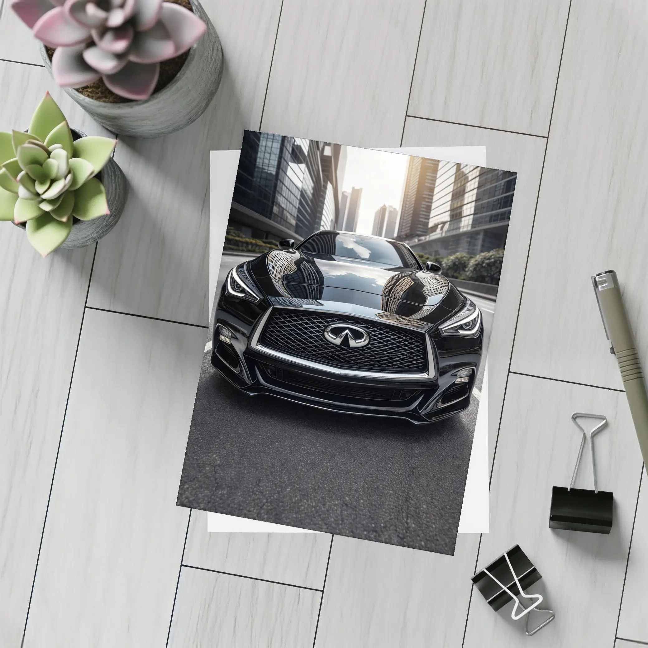 Infiniti Q60 Black Front City Street – Postcards