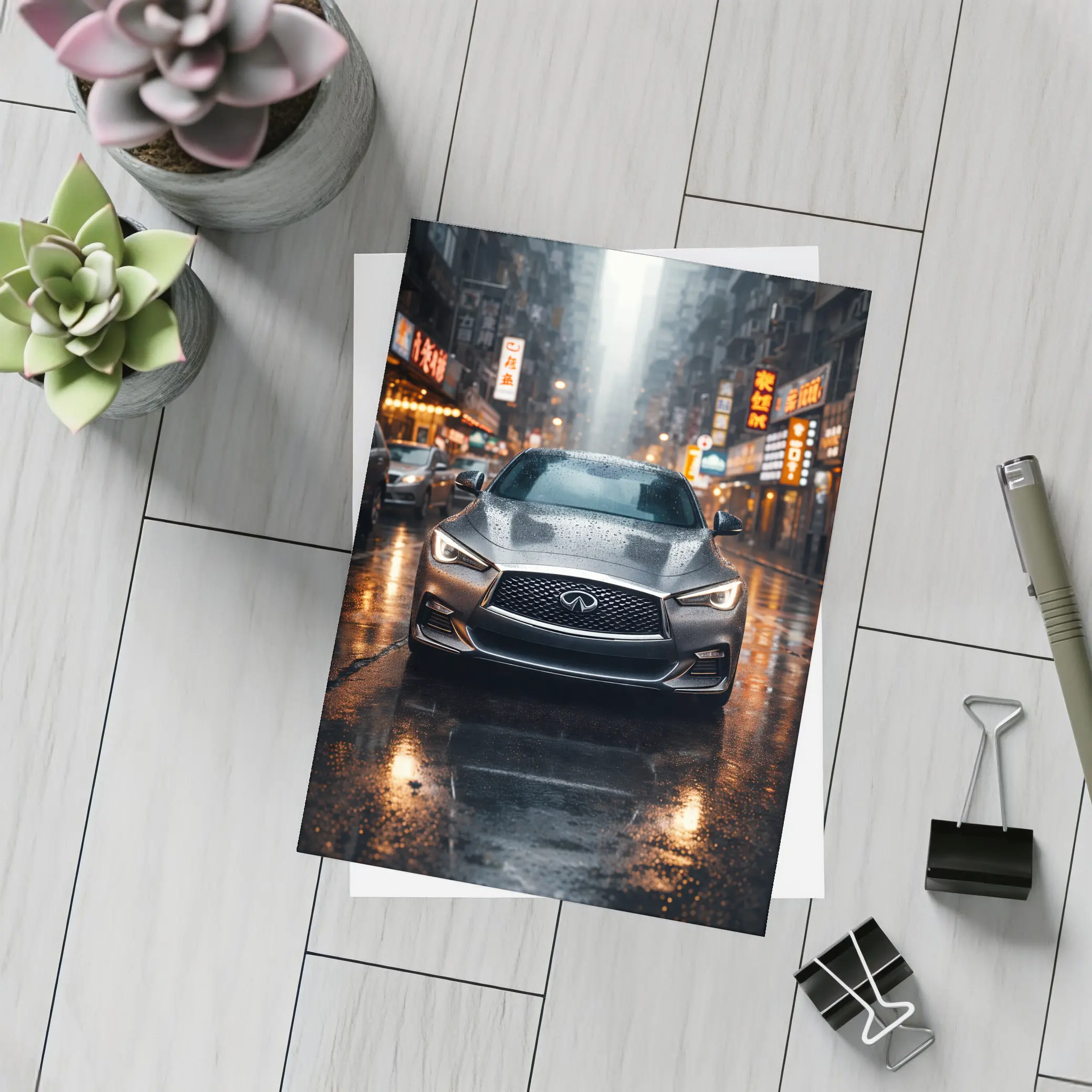 Infiniti Q60 Rainy City Street Night – Postcards