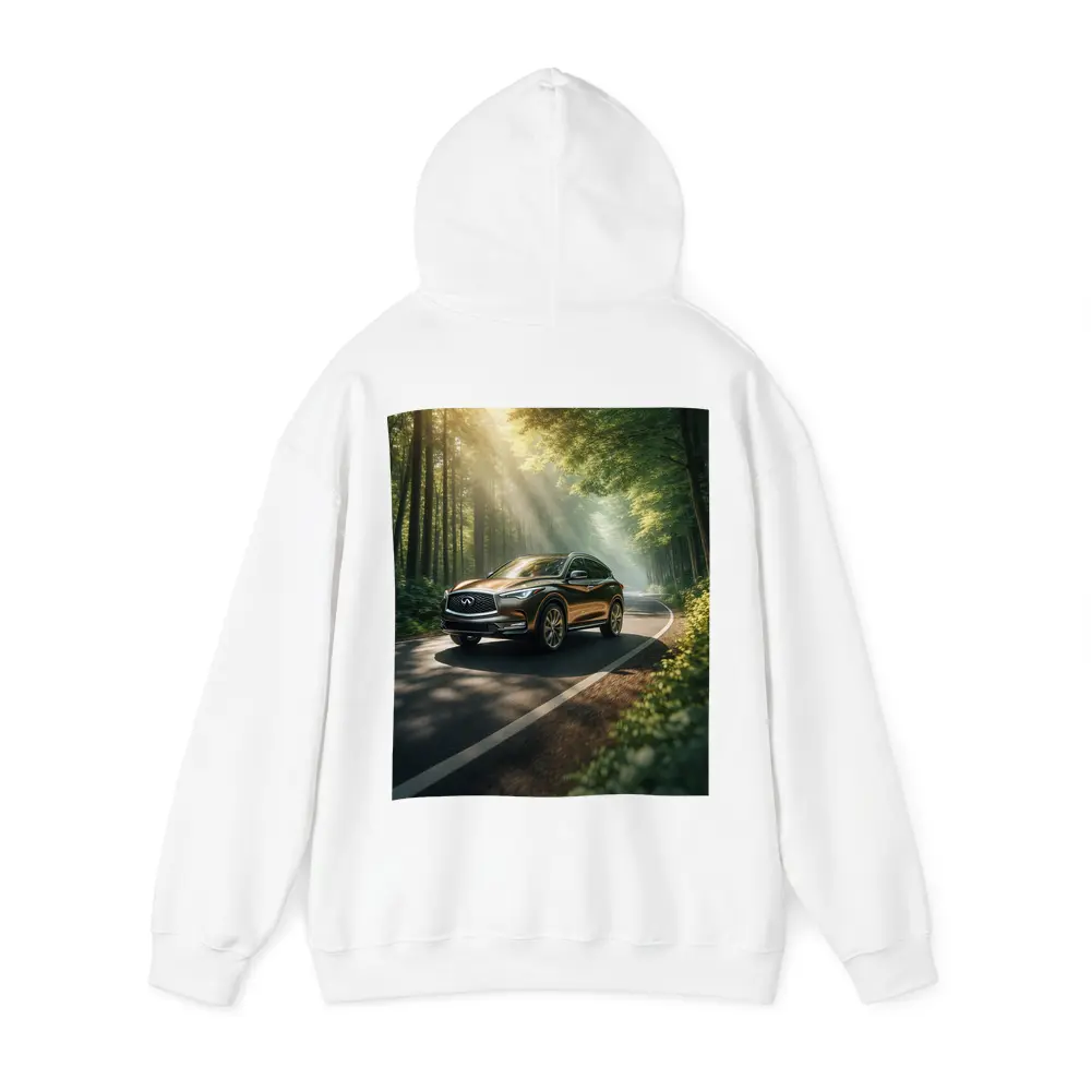 Infiniti QX50 Driving Through Sunlit Forest Road – Hoodies