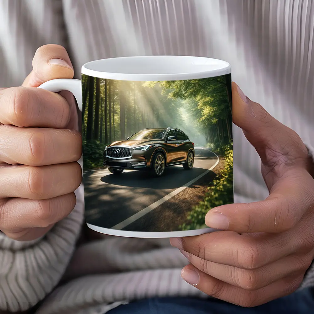 Infiniti QX50 Driving Through Sunlit Forest Road – Mugs