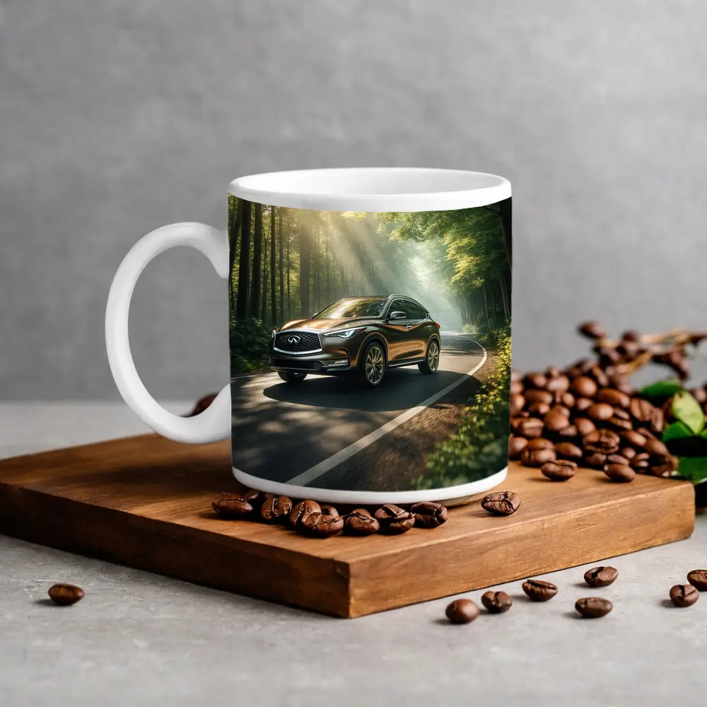 Infiniti QX50 Driving Through Sunlit Forest Road – Mugs