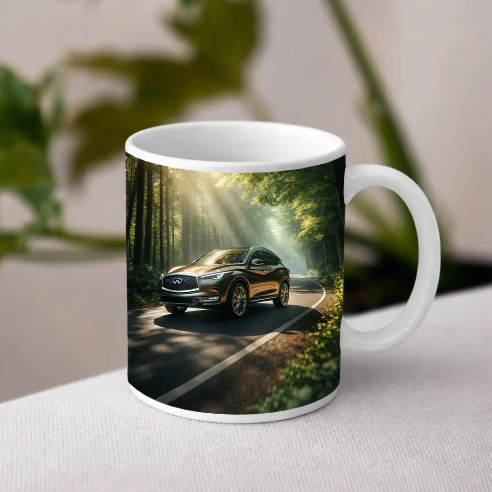 Infiniti QX50 Driving Through Sunlit Forest Road – Mugs