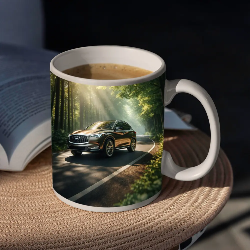 Infiniti QX50 Driving Through Sunlit Forest Road – Mugs