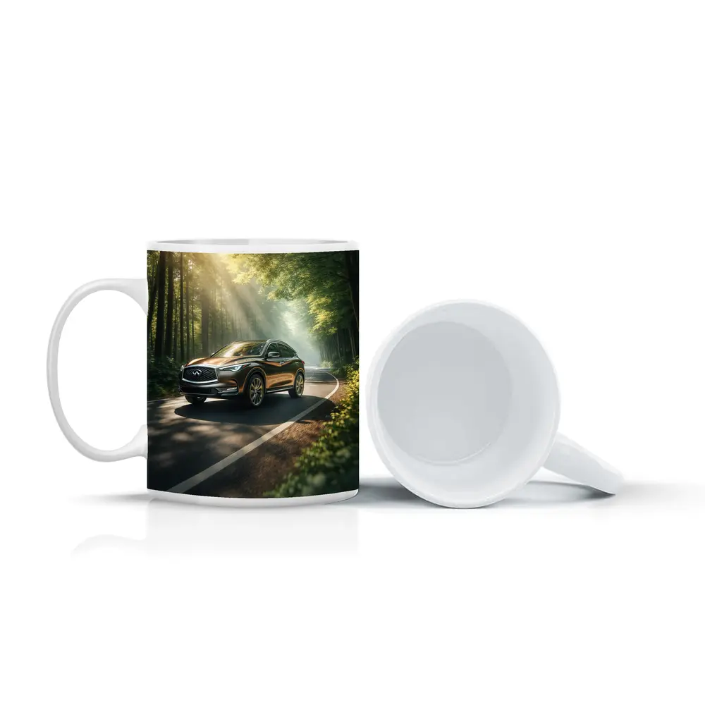 Infiniti QX50 Driving Through Sunlit Forest Road – Mugs