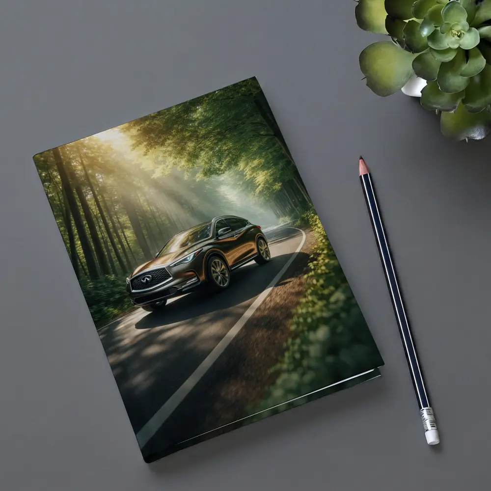 Infiniti QX50 Driving Through Sunlit Forest Road – Notebooks