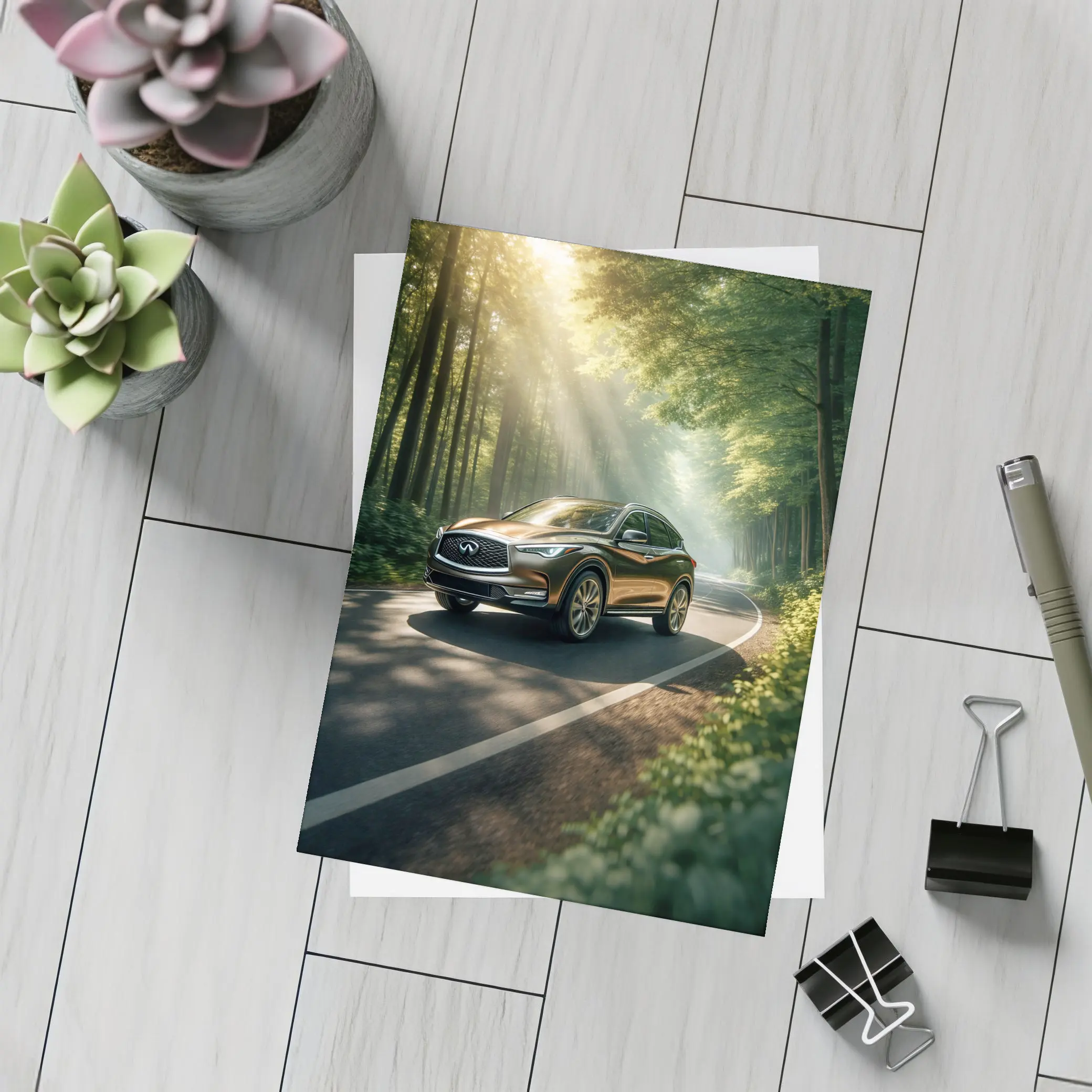 Infiniti QX50 Driving Through Sunlit Forest Road – Postcards