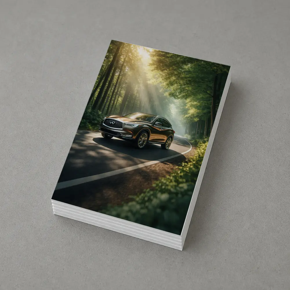 Infiniti QX50 Driving Through Sunlit Forest Road – Postcards