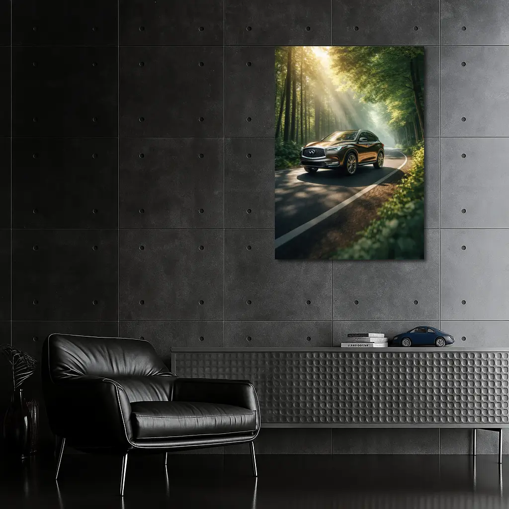 Infiniti QX50 Driving Through Sunlit Forest Road – Wall Art