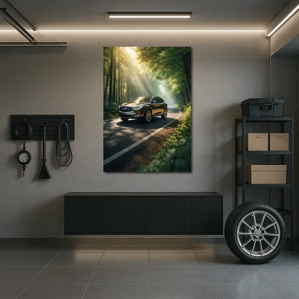 Infiniti QX50 Driving Through Sunlit Forest Road – Wall Art