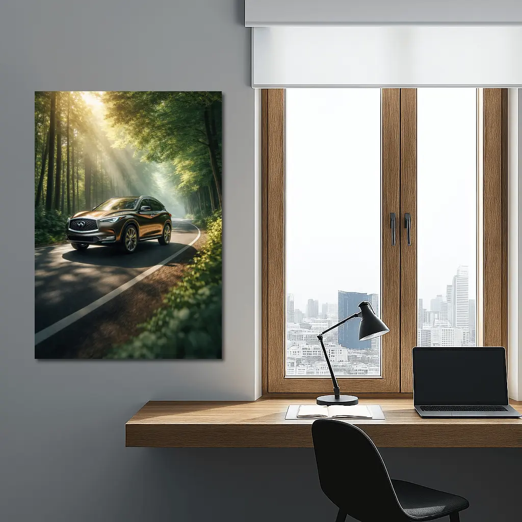 Infiniti QX50 Driving Through Sunlit Forest Road – Wall Art