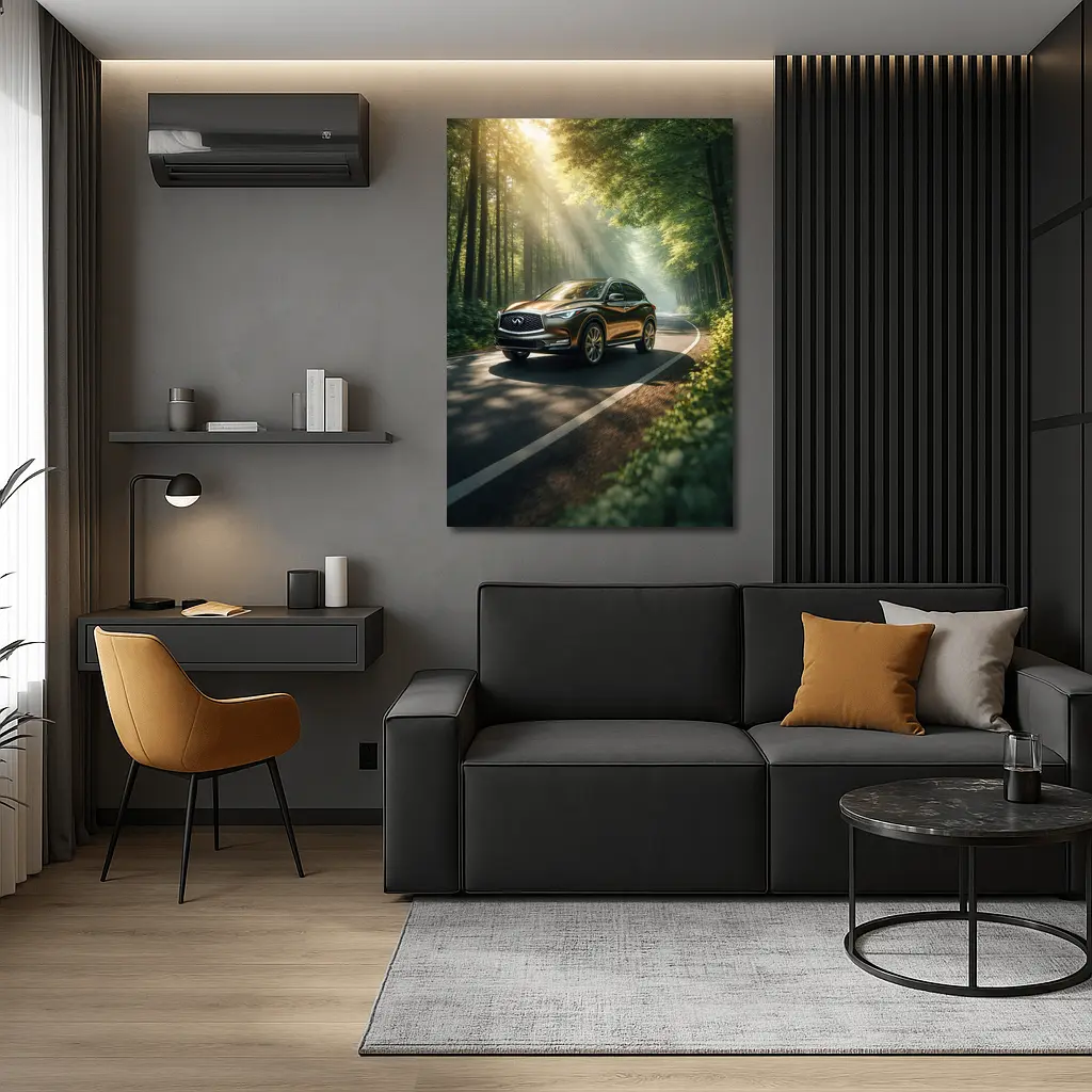 Infiniti QX50 Driving Through Sunlit Forest Road – Wall Art