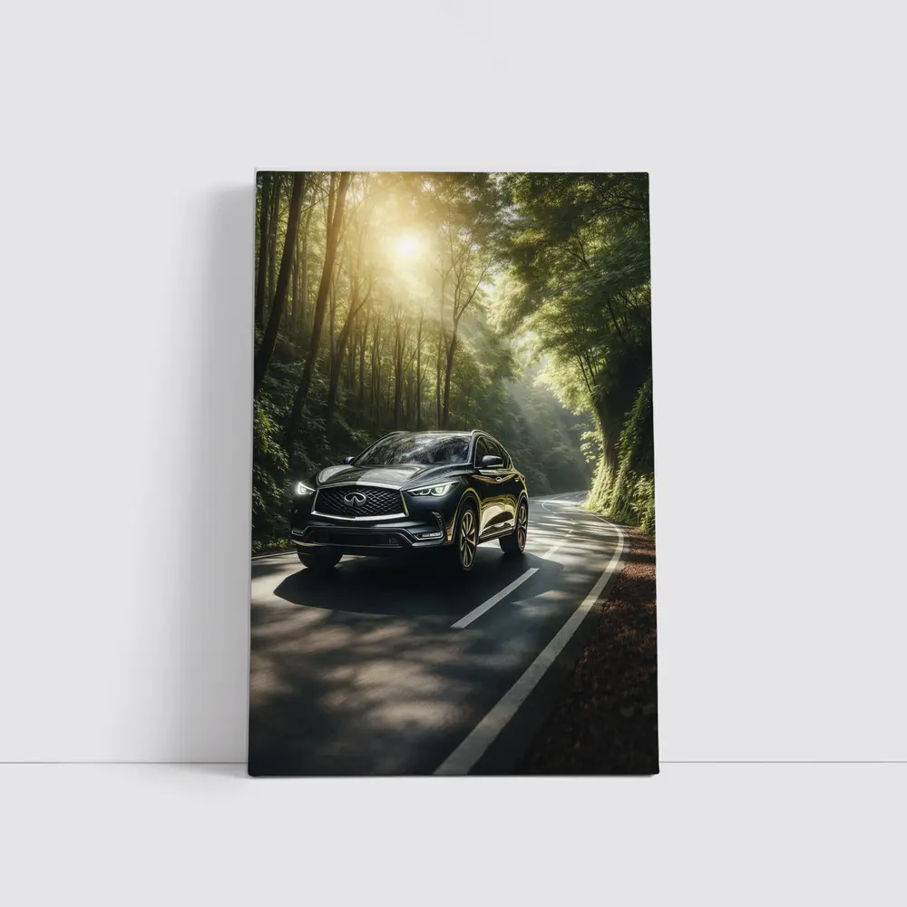Infiniti QX50 Driving Through Sunlit Forest Road – Wall Art