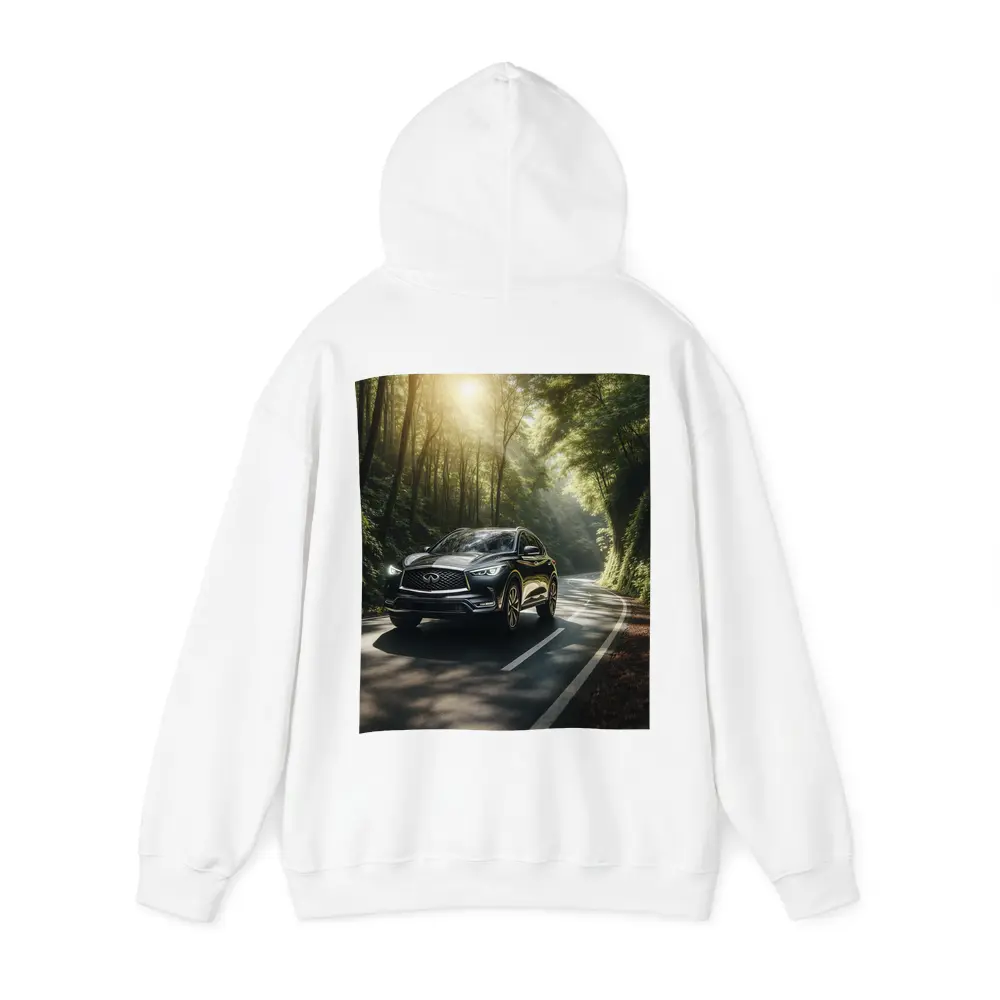 Infiniti QX50 Driving Through Sunlit Forest Road – Hoodies