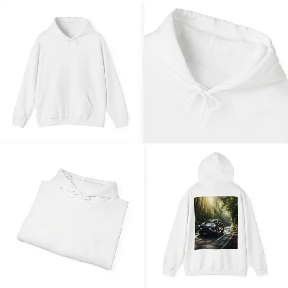 Infiniti QX50 Driving Through Sunlit Forest Road – Hoodies