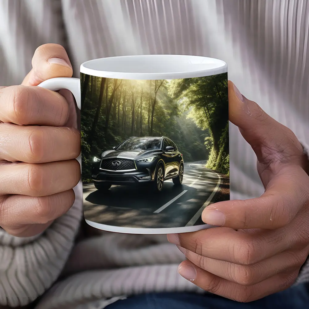Infiniti QX50 Driving Through Sunlit Forest Road – Mugs