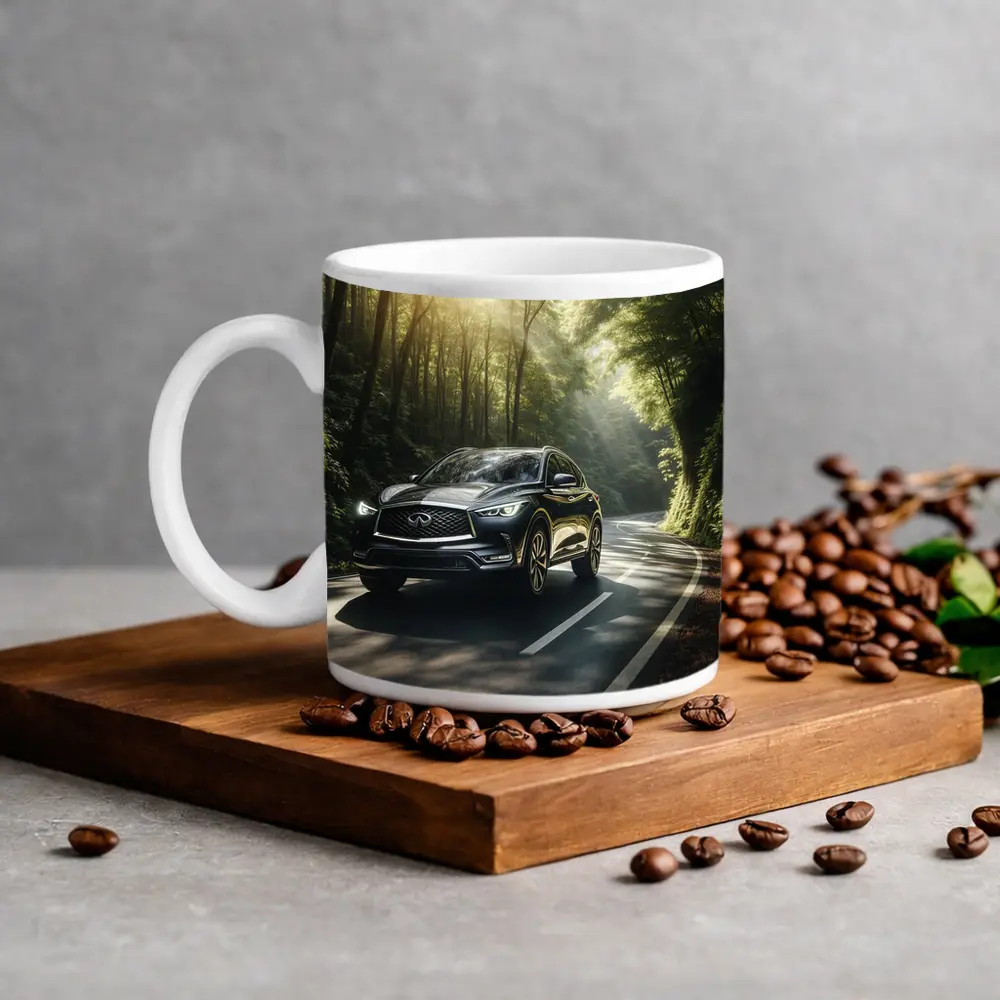 Infiniti QX50 Driving Through Sunlit Forest Road – Mugs