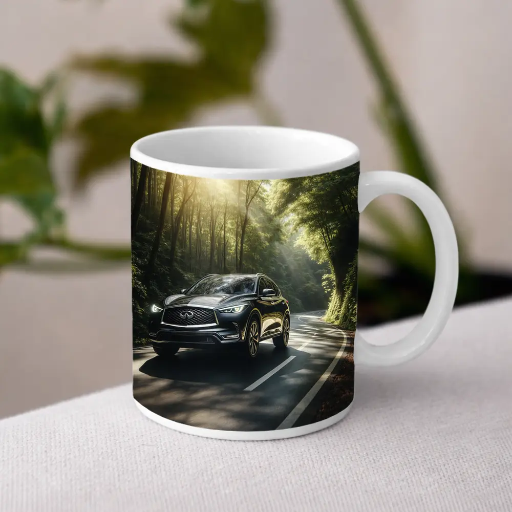 Infiniti QX50 Driving Through Sunlit Forest Road – Mugs