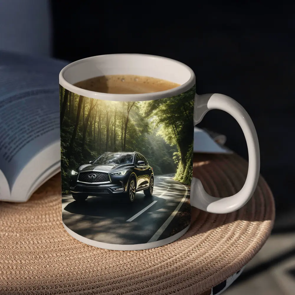 Infiniti QX50 Driving Through Sunlit Forest Road – Mugs