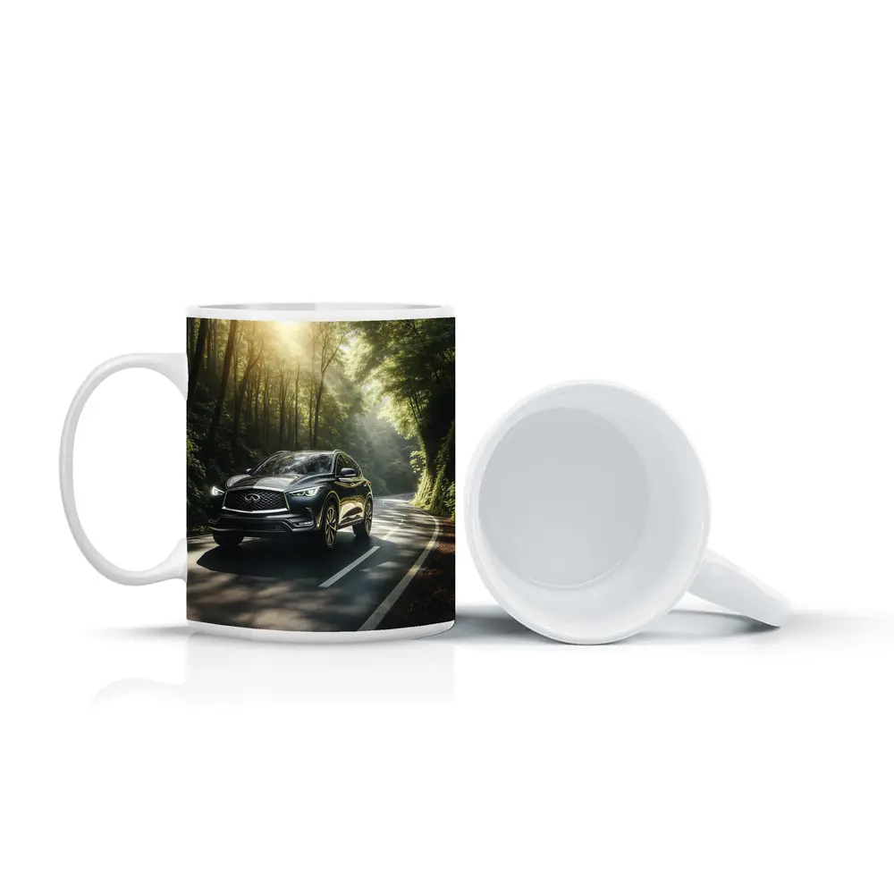 Infiniti QX50 Driving Through Sunlit Forest Road – Mugs