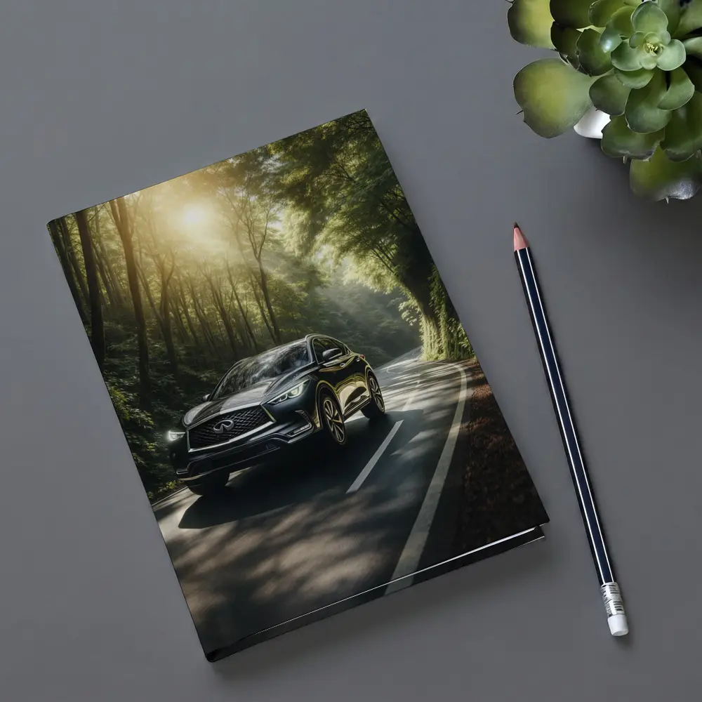 Infiniti QX50 Driving Through Sunlit Forest Road – Notebooks
