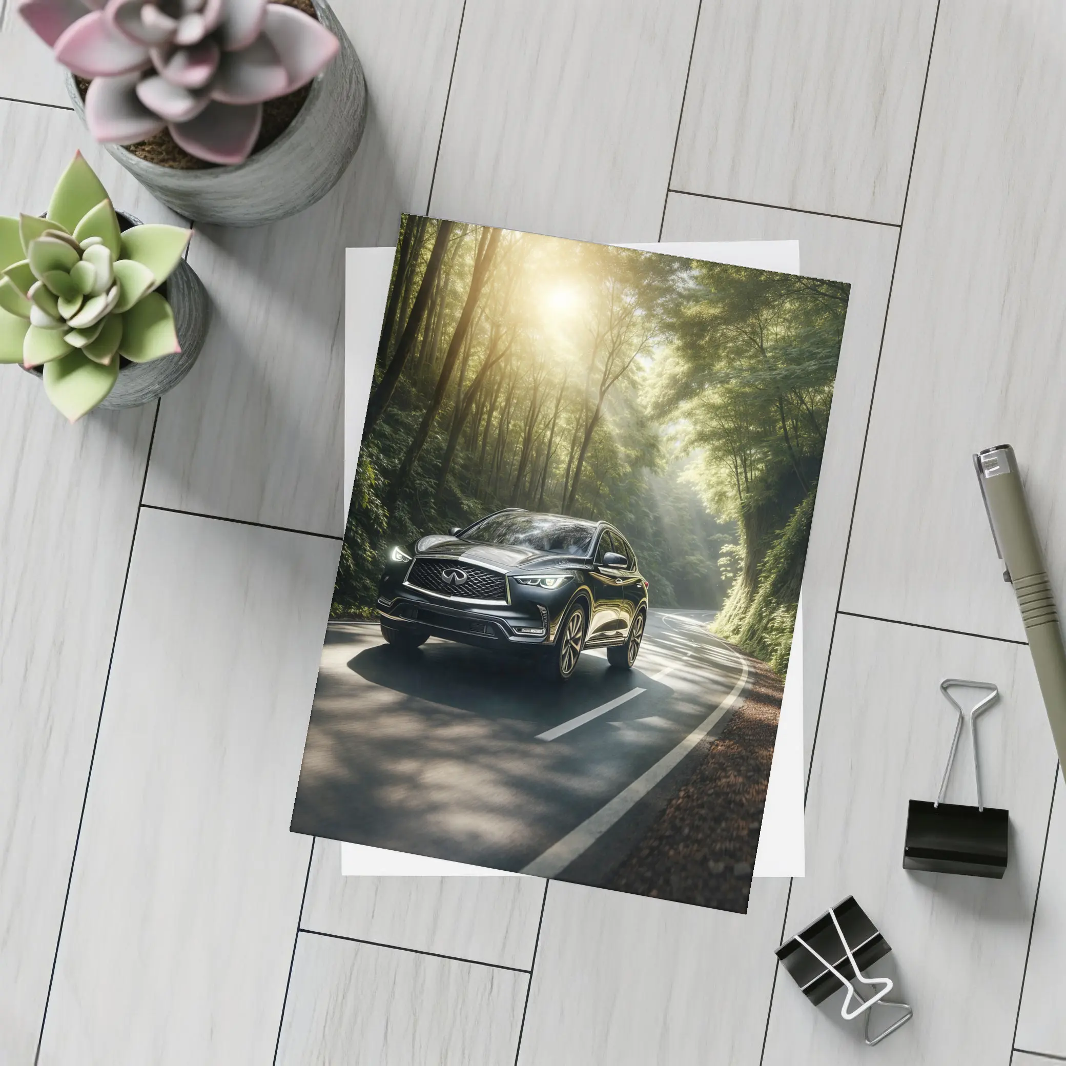 Infiniti QX50 Driving Through Sunlit Forest Road – Postcards