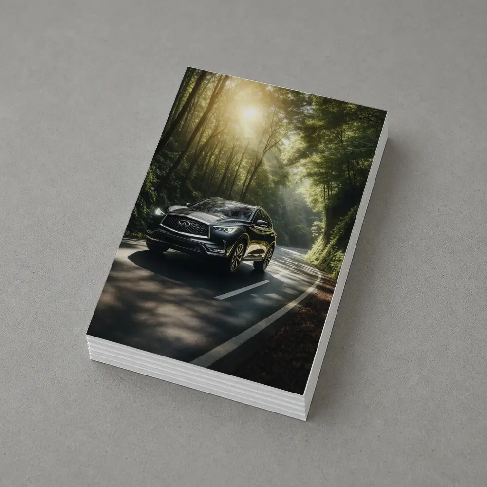 Infiniti QX50 Driving Through Sunlit Forest Road – Postcards