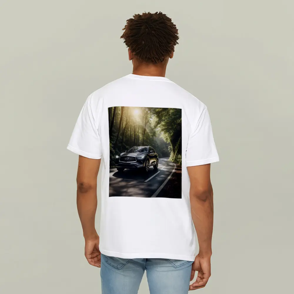 Infiniti QX50 Driving Through Sunlit Forest Road – T-Shirts