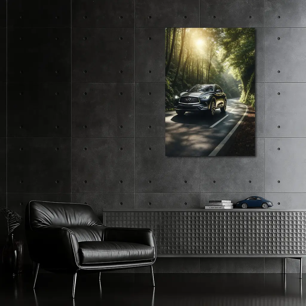 Infiniti QX50 Driving Through Sunlit Forest Road – Wall Art
