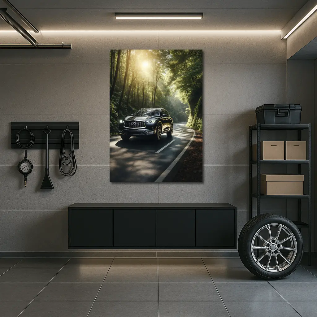 Infiniti QX50 Driving Through Sunlit Forest Road – Wall Art