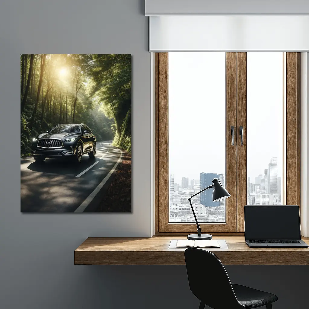 Infiniti QX50 Driving Through Sunlit Forest Road – Wall Art