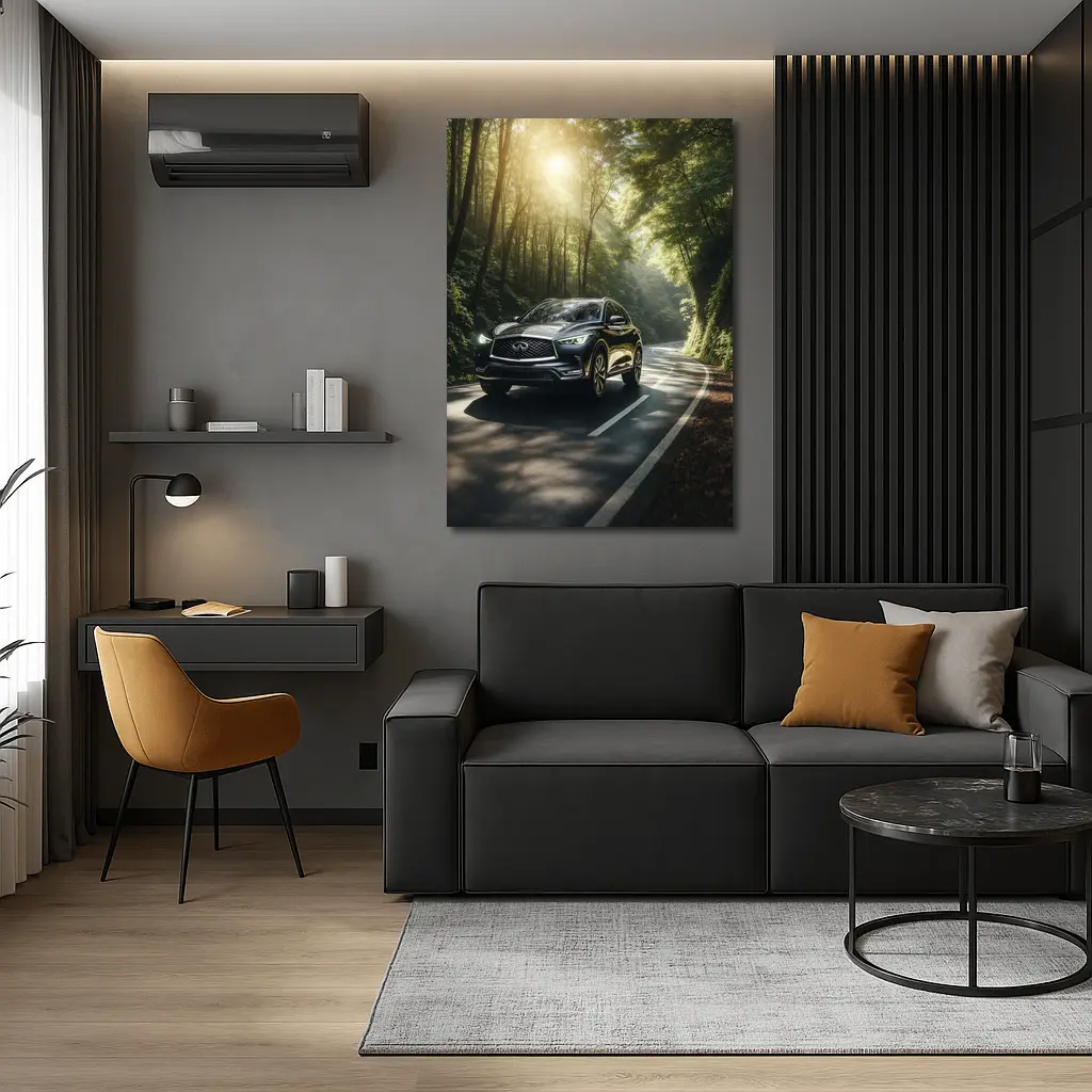 Infiniti QX50 Driving Through Sunlit Forest Road – Wall Art