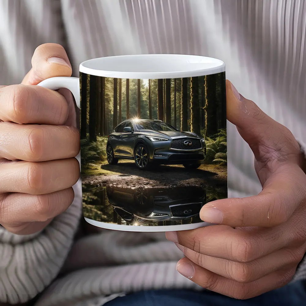 Infiniti QX50 Parked In Sunlit Forest – Mugs
